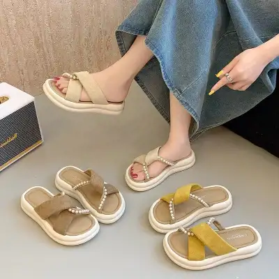 足が疲れない 夏 切り替え パール カジュアル レトロ キュート 丸トゥ スリッパ