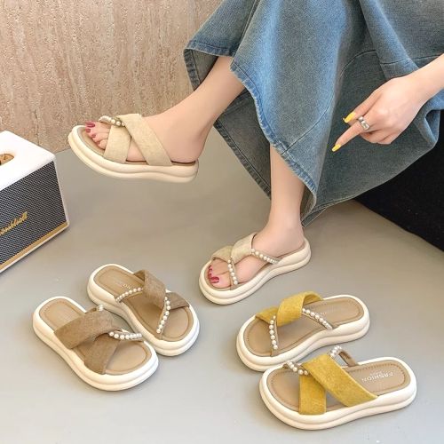 足が疲れない 夏 切り替え パール カジュアル レトロ キュート 丸トゥ スリッパ