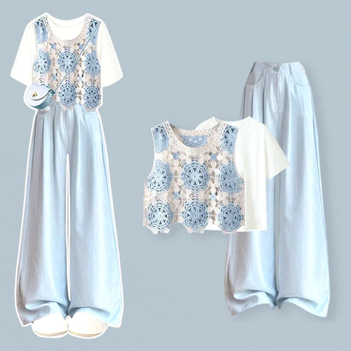 【単品注文】気分転換 シンプル 配色 透かし編み ファッション 無地 ベスト+Tシャツ+パンツ 3点セットアップ