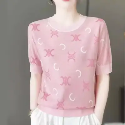 ピンク  シルク  ニット  アルファベット  半袖  ミニ丈  クルーネック  プルオーバー  夏服  薄  新作  2024  レディース