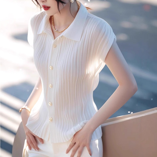 シャツ  エレガント  ホワイト  半袖  折り襟  夏服  薄  気質  フレンチスタイル  レディース