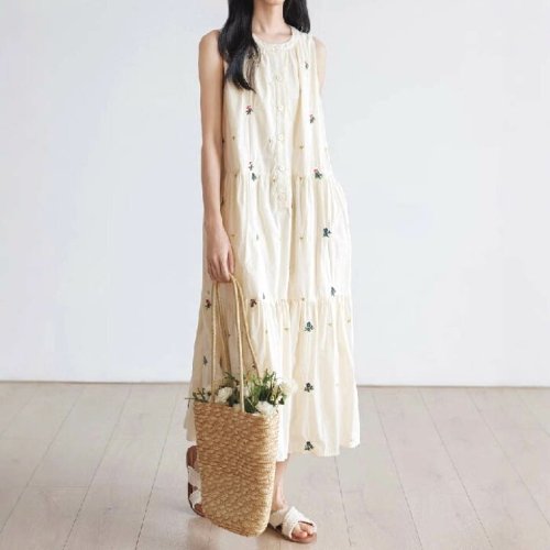 ワンピース 夏 レディース  ティアード ワンピース ノースリーブ ワンピース ロング丈 刺繡 ノースリーブ ワンピース 大きいサイズ ロング丈 ワンピース 無袖 ゆったり 体型カバー