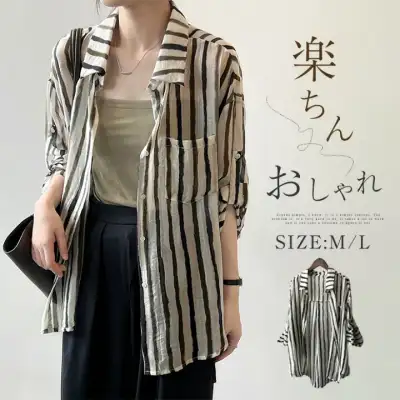 ストライプ柄 シャツ 柔らかい 薄手 トップス 長袖 シャツ シアーシャツ UV対策 着痩せ 落ち感 体型カバー