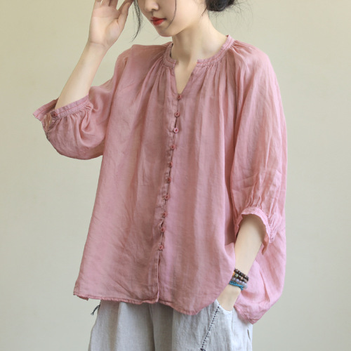 シャツ  カジュアル  ベージュ  どんなスタイルにも合う  夏服  文芸  通気性良い  リネン  レディース  大きめサイズ  トップス