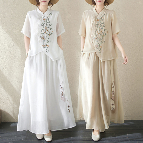 ワイドパンツ  セットアップ  ウエストゴム  中華風  レーシング  刺繍  流行  セットアップ