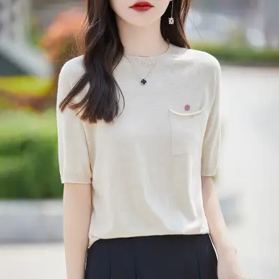 五分袖  ウール  ニット  ニットトップス  半袖  ゆったり  クルーネック  スリット  夏服  普通  ポケット  レディース  トップス