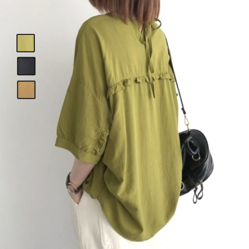 大人可愛い ラウンドネック 半袖 無地 コーディネート自在 ギャザー ファッション Tシャツ 黒 fashion ootd カジュアルコーデ ファッション コーディネート 今日のコーデ coordinate トレンドコーデ 着回しコーデ 大