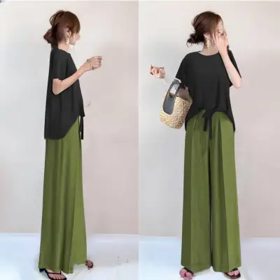 【2点セット】  Tシャツ  ゆったり  ロングパンツ  クルーネック  夏服  新作  2024  日本風  セットアップ