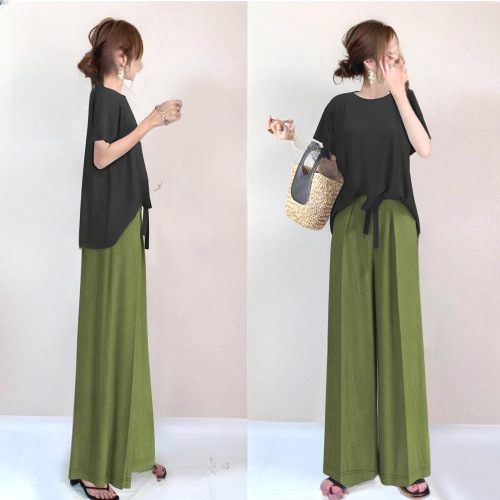 【2点セット】  Tシャツ  ゆったり  ロングパンツ  クルーネック  夏服  新作  2024  日本風  セットアップ