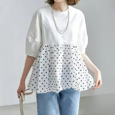 Tシャツ  切り替え  カジュアル  ドット柄  スリムに見える  夏服  フェイクレイヤード  新作  レディース  トップス