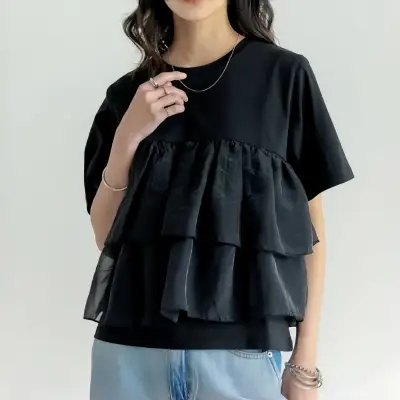 Tシャツ  切り替え  半袖  スリムに見える  ゆったり  クルーネック  夏服  新作  レディース  トップス
