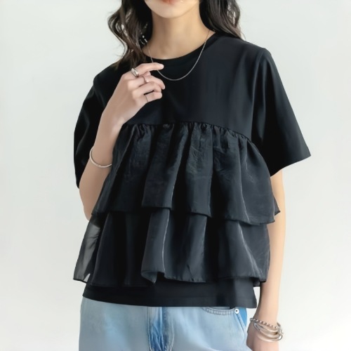 Tシャツ  切り替え  半袖  スリムに見える  ゆったり  クルーネック  夏服  新作  レディース  トップス