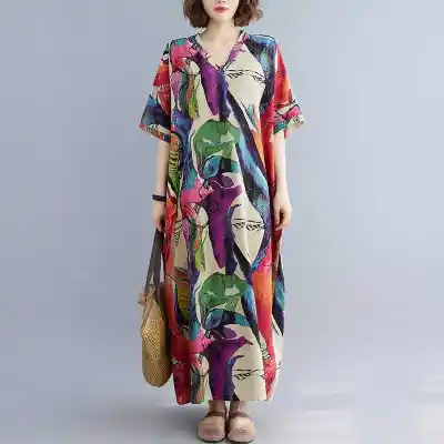シンプル  ベージュ  プリント  コットン  ゆったり  ロング  夏服  綿麻  リゾートスタイル  新作  2024  レディース  大きめサイズ  カジュアルドレス