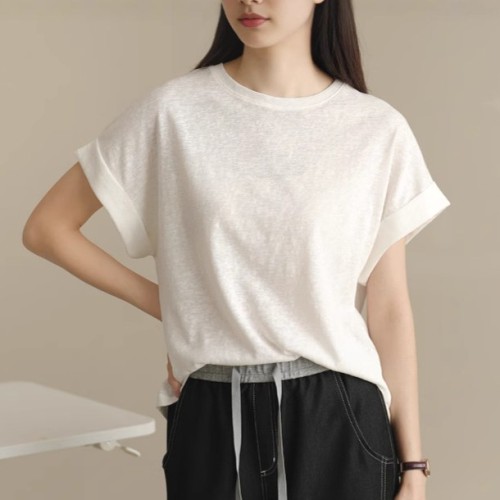 Tシャツ  ベージュ  材質  コットン  半袖  夏服  着心地良い  通気性良い  トップス