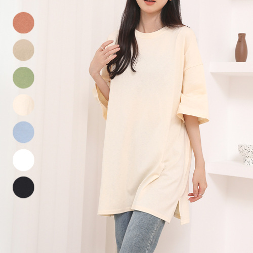 Tシャツ  カジュアル  チュニック  コットン  半袖  ゆったり  スリット  夏服  普通  コットン100%  ミディ丈 / ミディアム丈  トップス