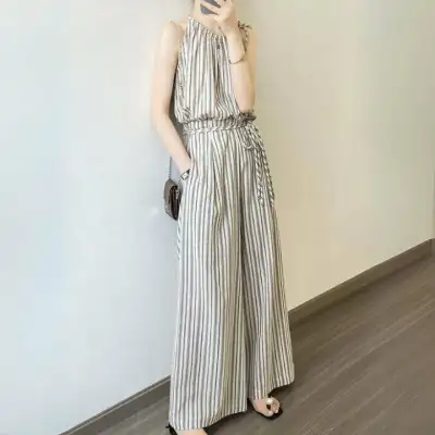 キャミソール&ワイドパンツ 上下セット 夏 綿100% お出かけ ワイドパンツ 体型カバー ゆったり 脚長効果 エレガント オフィス 女性らしい♪