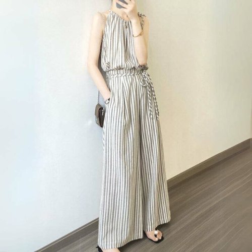 キャミソール&ワイドパンツ 上下セット 夏 綿100% お出かけ ワイドパンツ 体型カバー ゆったり 脚長効果 エレガント オフィス 女性らしい♪