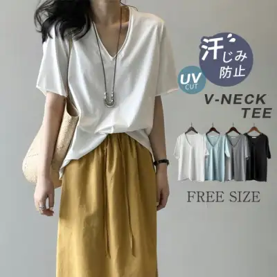 人気の綿100％からすっきりVネックＴシャツ。カットソー tシャツ 無地 半袖 コットン素材 綿100% 綿素材 vネック レディース シンプル インナー