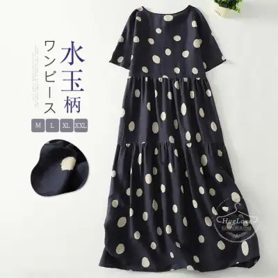 ロングワンピース ドットワンピース 水玉柄 大きいサイズ ゆったり 半袖ワンピース 着回しやすい