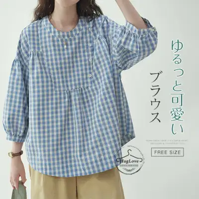 Tシャツ カットソー きれいめ 春夏 カジュアル シンプル クルーネック デザイン ギンガムチェック 大人可愛い