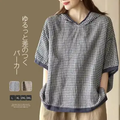 tシャツ レディース 半袖 夏 パーカー 夏 薄手 フード付き チェック柄 千鳥柄