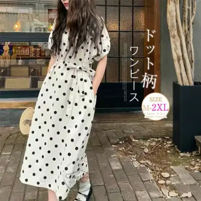 ロングワンピース フレアワンピース ドット ワンピース パフスリーブ