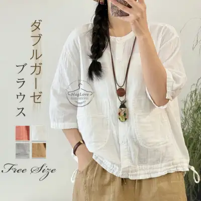 ブラウス 前開き ラウンドネック 春 夏 ポケット付き 大人 カジュアル おしゃれ