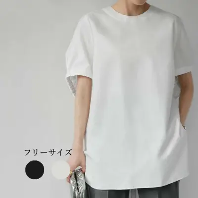 Tシャツ  無地  ポンチョ  シンプル  カジュアル  コットン  半袖  どんなスタイルにも合う  ゆったり  スリット  コットン100%  日本風  レディース  トップス