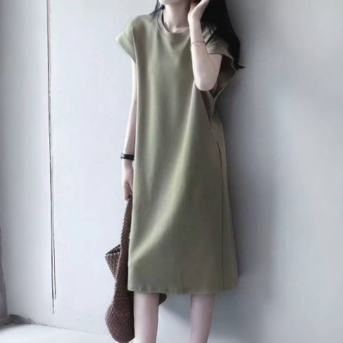 人気商品再入荷 無地 フリル袖 ストレート 半袖 ラウンドネック 定番 ワンピース