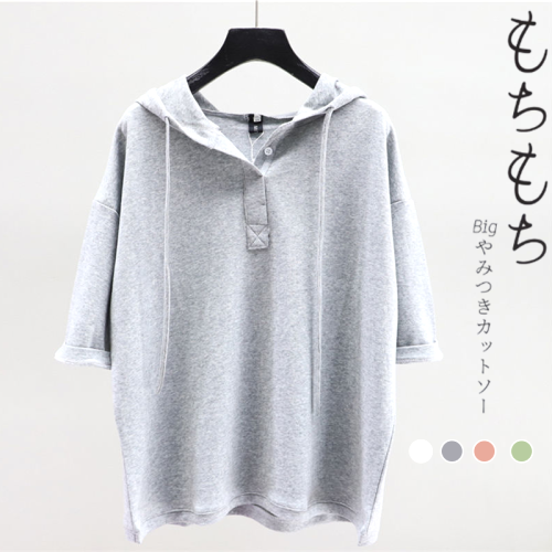 雑誌に掲載された ボウタイ フード付き プルオーバー 無地 五分袖 カジュアル Tシャツ