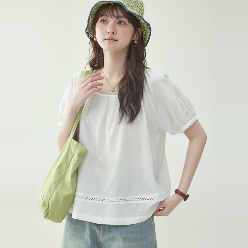 シャツ  ランタンスリーブ  シンプル  透かし彫り  ホワイト  どんなスタイルにも合う  ゆったり  夏服  M  新作  レディース  トップス