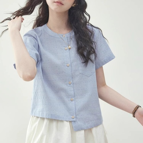 不規則  シャツ  ブルー  ドット柄  コットン  半袖  夏服  コットン100%  M  新作  レディース  トップス