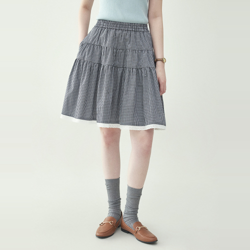 チェック柄  レース  切り替え  シルク  コットン  スリムに見える  ハイウエスト  夏服  コットン100%  M  ティアードスカート  韓国風  レディース  ボトムス