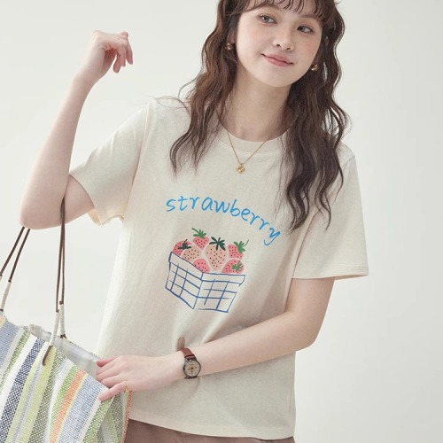 カジュアル  プリント  半袖  どんなスタイルにも合う  クルーネック  M  いちご  新作  韓国風  レディース  トップス