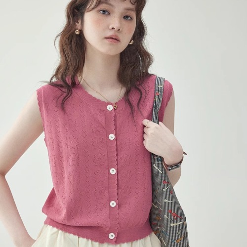 カーディガン  透かし彫り  ニット  ノースリーブ  夏服  なし  M  若く見え  新作  レディース  トップス