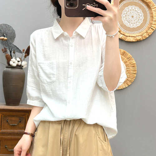 シャツ  五分袖  カジュアル  コットン  半袖  ゆったり  夏服  デザイン  普通  コットン100%  若く見え  新作  デザイン性  トップス