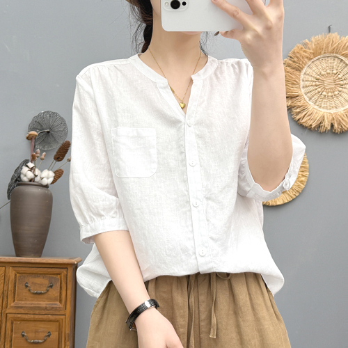 シャツ  カジュアル  ベージュ  半袖  スリムに見える  どんなスタイルにも合う  ゆったり  Vネック  夏服  リネン  新作  五分袖  レディース  トップス