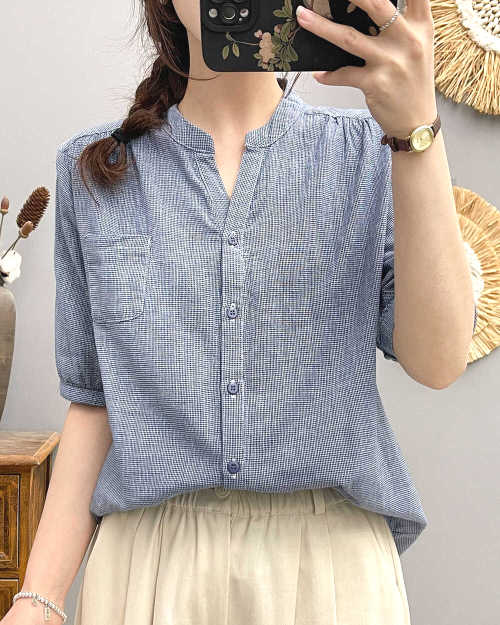 シャツ  カジュアル  コットン  半袖  スリムに見える  ゆったり  Vネック  夏服  コットン100%  日焼け止め  新作  レディース  トップス