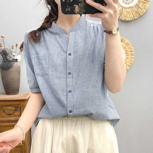 シャツ  ストライプ柄  コットン  半袖  ゆったり  Vネック  夏服  コットン100%  日焼け止め  新作  五分袖  2024  レディース  トップス
