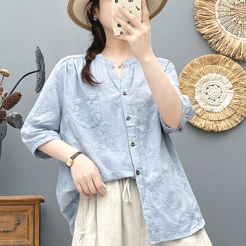 シャツ  五分袖  コットン  スリムに見える  ゆったり  Vネック  夏服  普通  新作  刺繍  レディース  トップス