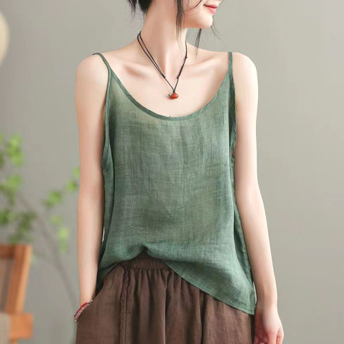 無地  ベージュ  タンクトップ  キャミソール  コットン  ノースリーブ  スリムに見える  ゆったり  夏服  綿麻  薄  なし  インナー  リネン  レトロ  レディース  トップス