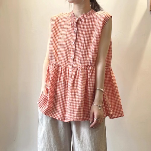 シャツ  カーディガン  切り替え  ノースリーブ  スリムに見える  ゆったり  スタンドネック  夏服  文芸  なし  若く見え  新作  日本風  トップス