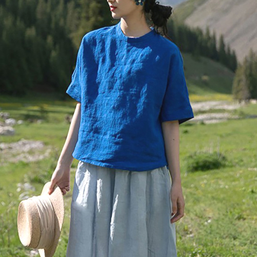 Tシャツ  シャツ  ベージュ  半袖  ゆったり  クルーネック  スタンドネック  プルオーバー  夏服  若く見え  リネン  新作  レトロ  レディース  トップス