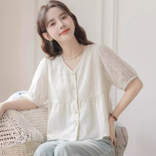 半袖  ゆったり  Vネック  夏服  デザイン  ジャカード  新作  フレンチスタイル  デザイン性  レディース  トップス
