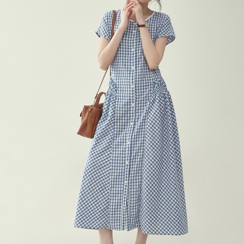 チェック柄  ワンピース  半袖  ロング  膝下丈  夏服  普通  M  レトロ  日本風  レディース  カジュアルドレス