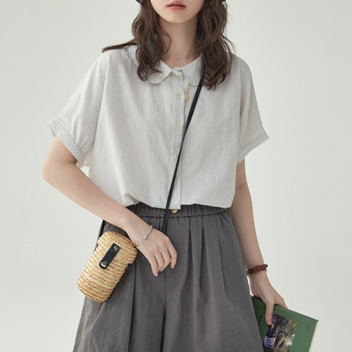 シャツ  無地  ストライプ柄  カジュアル  半袖  どんなスタイルにも合う  夏服  ラウンドカラー  M  若く見え  日本風  レディース  トップス