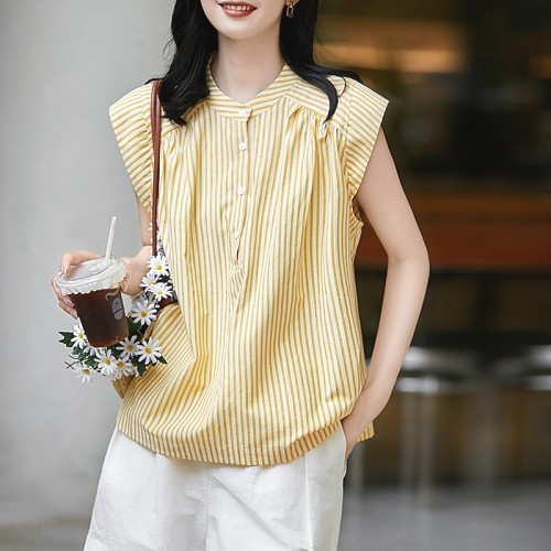 シンプル  ストライプ柄  ノースリーブ  ゆったり  スタンドネック  夏服  デザイン  なし  新作  フレンチスタイル  レディース  トップス