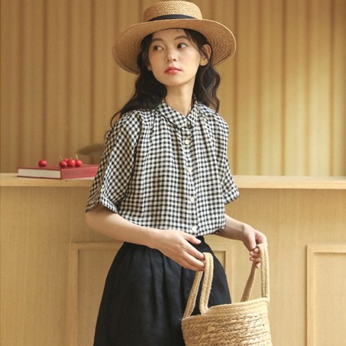 シャツ  チェック柄  半袖  ゆったり  POLOネック  夏服  森ガール  文芸  L  新作  レトロ  レディース  トップス