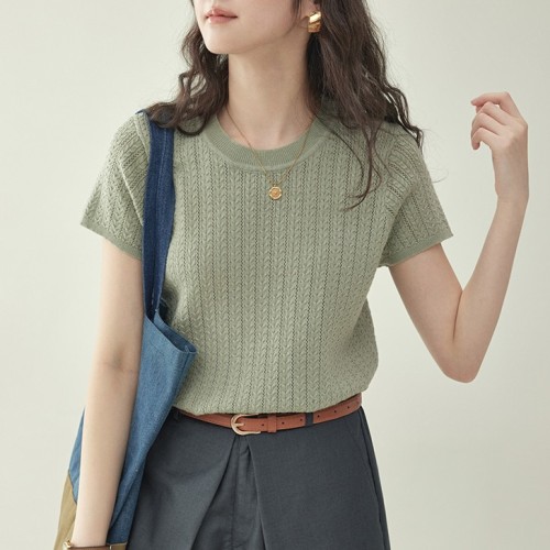 透かし彫り  グリーン  ニット  ニットトップス  半袖  クルーネック  夏服  薄  M  レディース  トップス