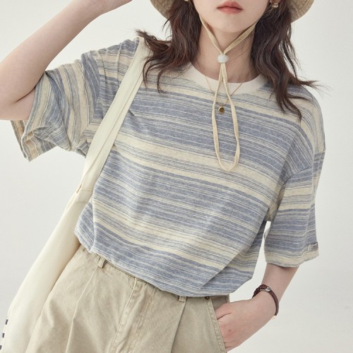 シンプル  ストライプ柄  カジュアル  半袖  どんなスタイルにも合う  ゆったり  クルーネック  夏服  M  日本風  レディース  トップス
